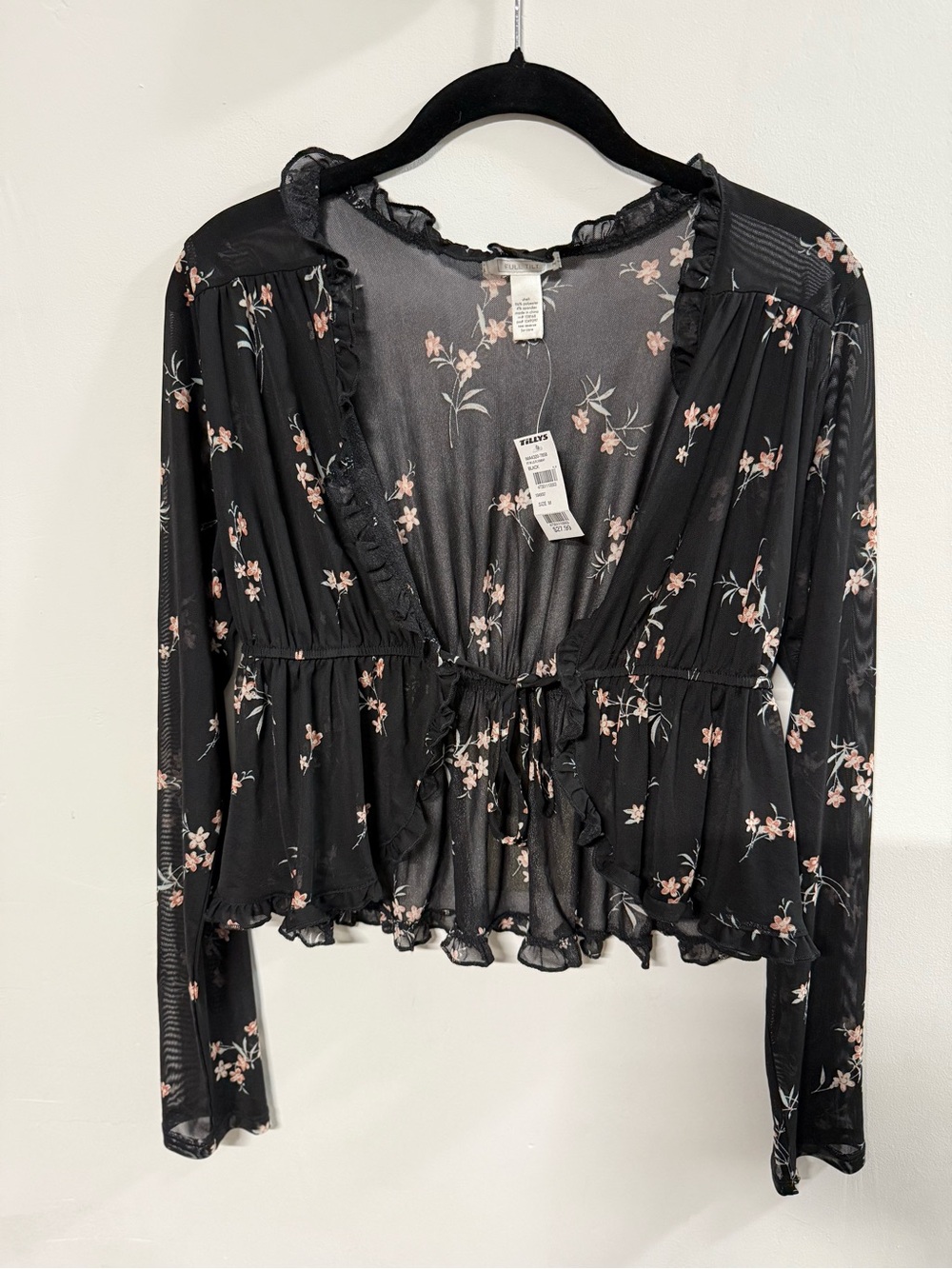 Full Tilt Black Sheer Floral Ruffle Tie-Front Blouse Medium